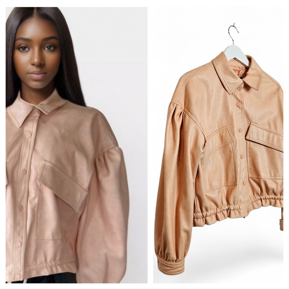 7 For All Mankind Faux Leather Jacket XS Crop Bomber Utility Perfect Peach Blush